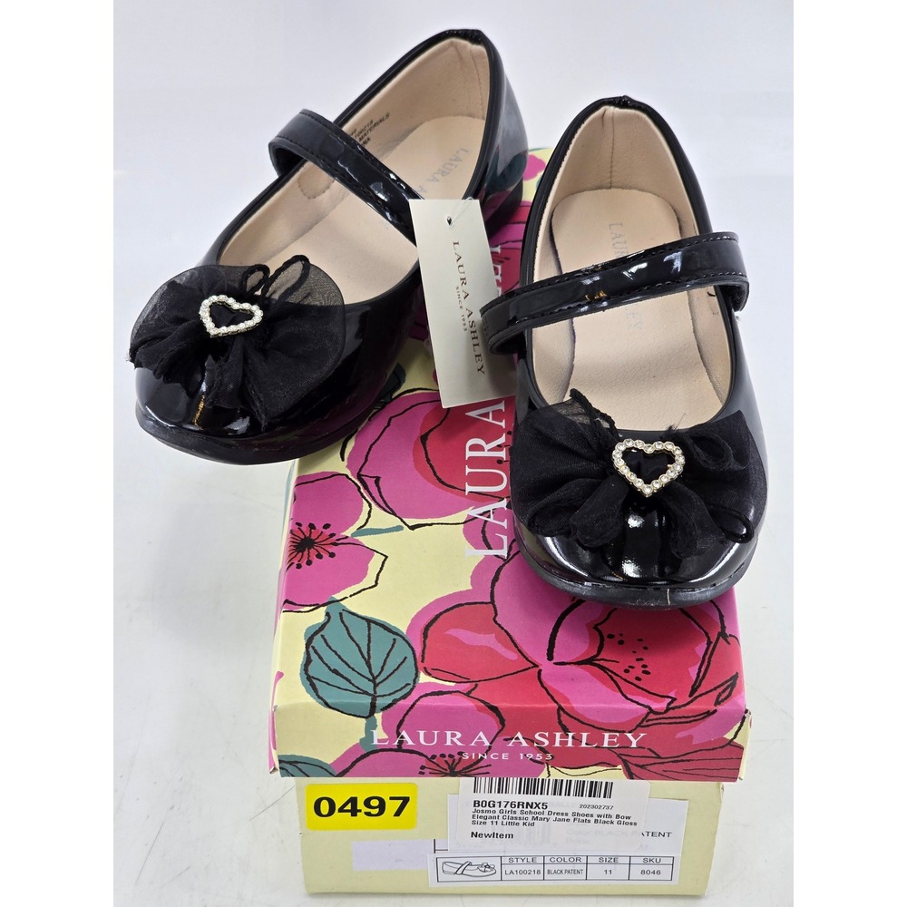 Laura Ashley Dress Shoes Girls Size 11 Black Patent Bow Heart LA100218 - New